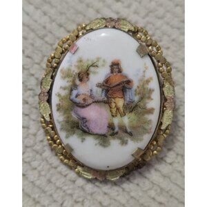 Vintage Porcelain Brooch/Pendant Courting Couple Scene & Ornate Gold-Tone Frame